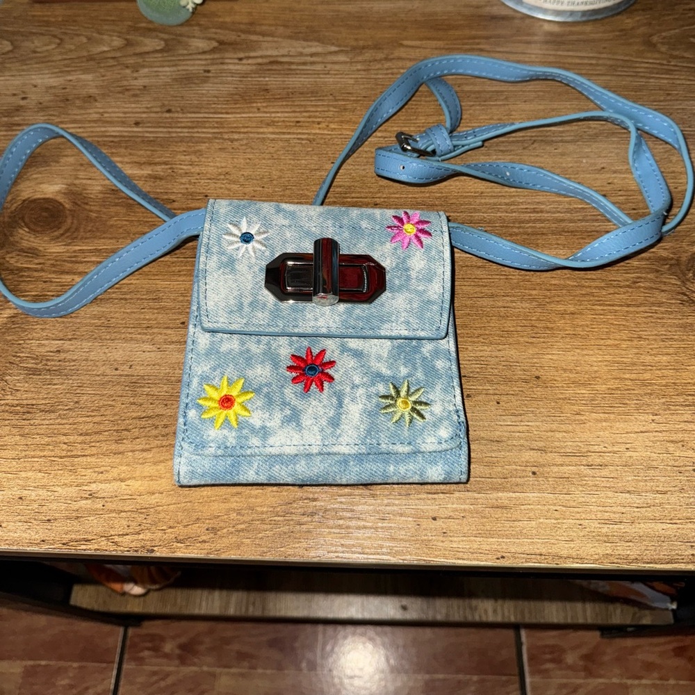 Small Blue Crossbody Wallet With Flowers